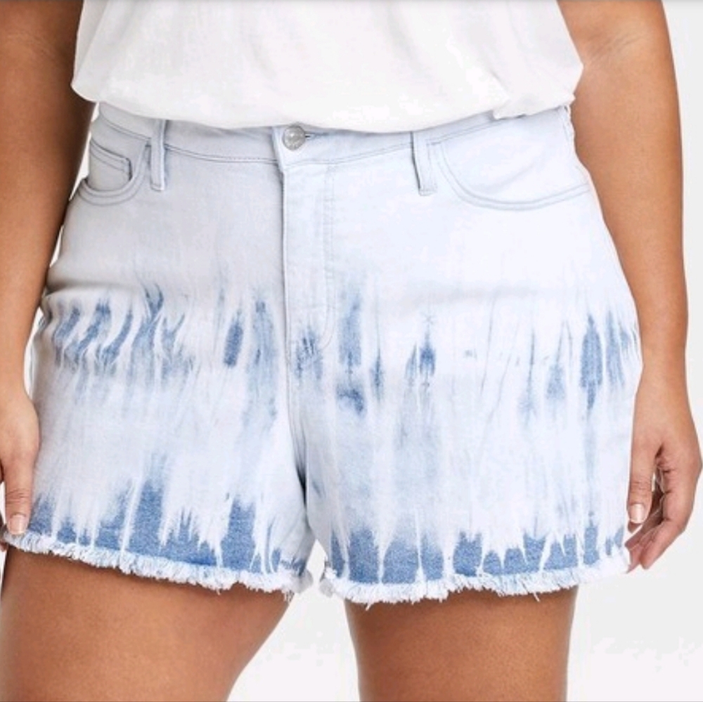 AVA VIV Tye Dye Midi Denim Shorts Raw Hem 24W NWT